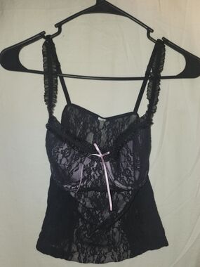 Black Lace Camisole with Pink Bow - Women Intimates